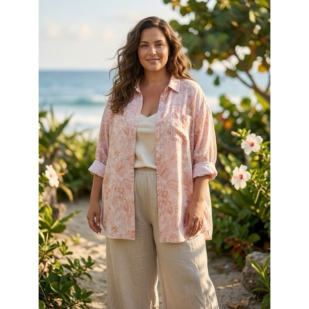 Sigrid Olsen Linen Tunic Plus 2X Pink Orange Floral Beach Resort Vacation Wear